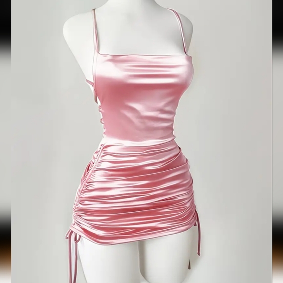 Pink Satin Drawstring Ruched Criss-cross Back Adjustable Length Mini Dress (M) - Picture 13 of 13